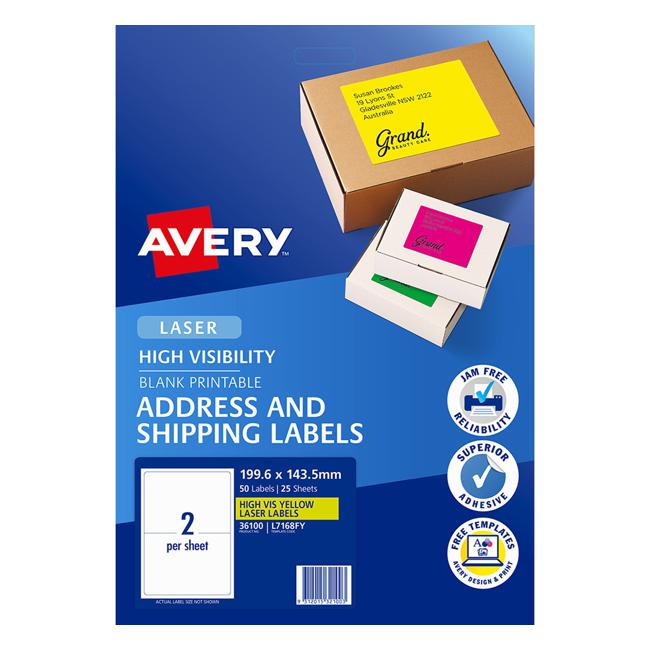 Avery Shipping Label L7168FY Fluoro Yellow 199.6x143.5mm 2up 25 Sheets-Officecentre