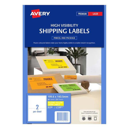 Avery Shipping Label L7168FY Fluoro Yellow 199.6x143.5mm 2up 25 Sheets-Officecentre