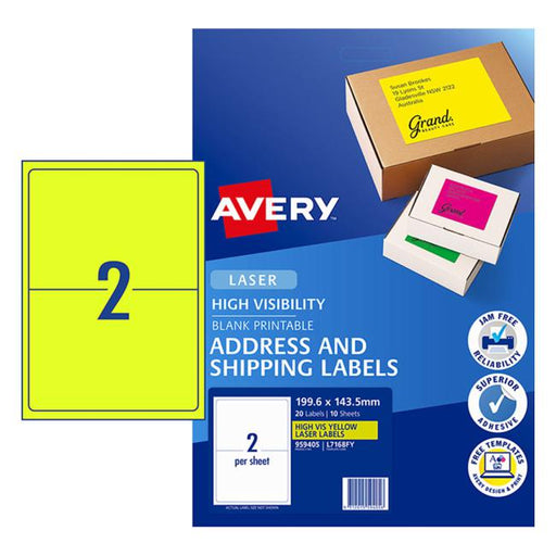 Avery Shipping Label L7168fy Fluoro Yellow 2 Up 10 Sheets Laser 199.6×143.5mm-Officecentre