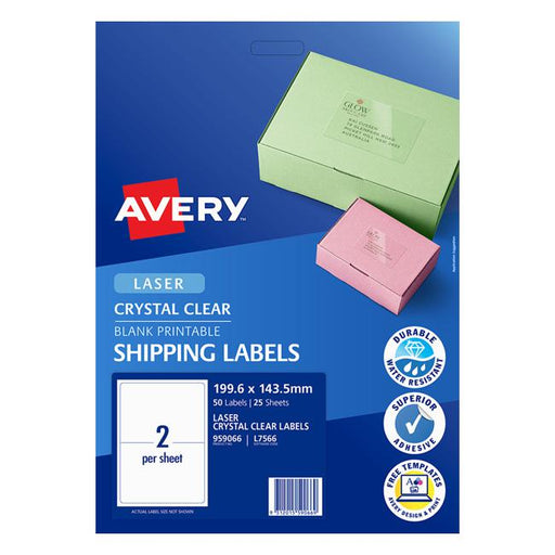 Avery Shipping Label L7566 Crystal Clear 2up 25/Pk 199.6x143.5mm-Officecentre