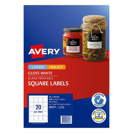 Avery Square Glossy Labels L7124 10 Sheets 20up-Officecentre