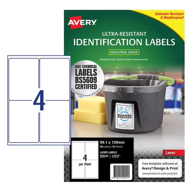 Avery Ultra Resistant Id Label L7915 White 4 Up 10 Sheets Laser 99.1x139mm-Officecentre