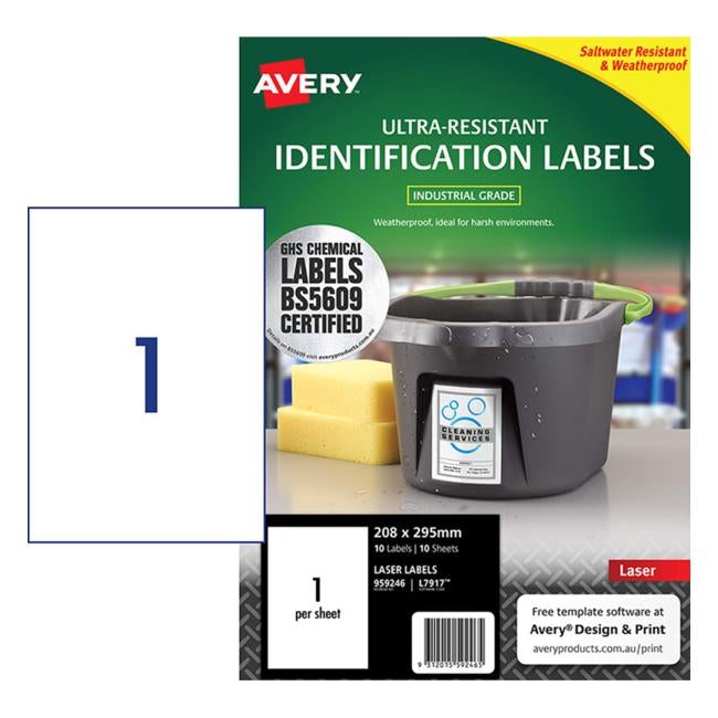 Avery Ultra Resistant Id Label L7917 White 1 Up 10 Sheets Laser 210x297mm-Officecentre