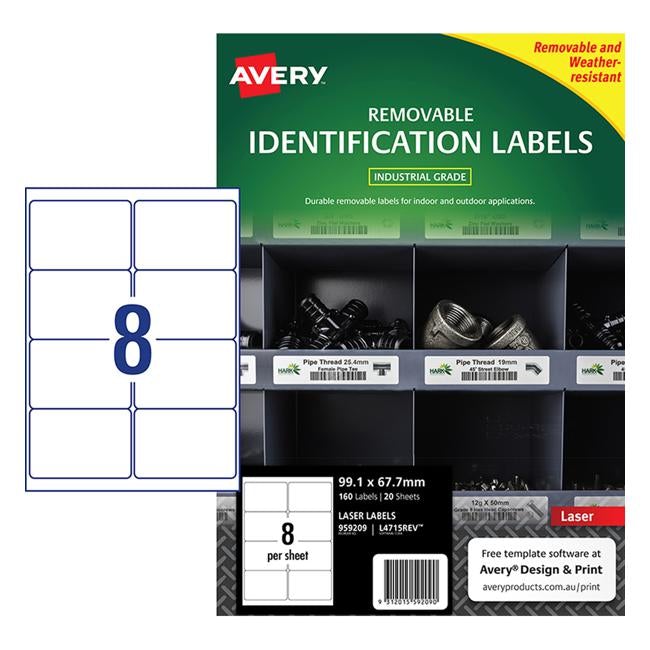 Avery Weather Resistant Label L4715 White 8 Up 20 Sheets Laser 99.1x67.7mm Removable-Officecentre
