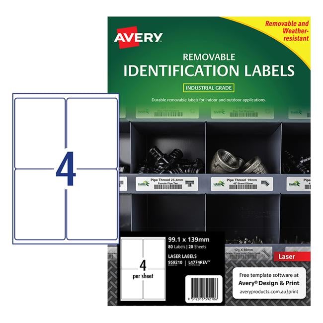 Avery Weather Resistant Label L4774 White 4 Up 20 Sheets Laser 99.1x139mm Removable-Officecentre