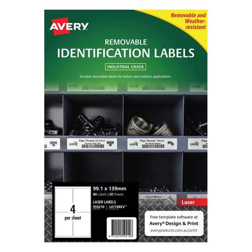 Avery Weather Resistant Label L4774 White 4 Up 20 Sheets Laser 99.1x139mm Removable-Officecentre