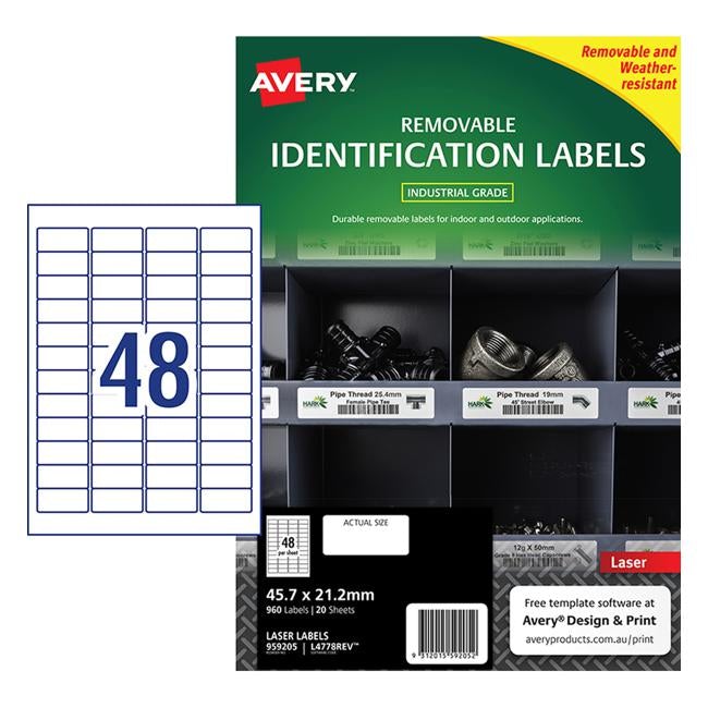 Avery Weather Resistant Label L4778 White 48 Up 20 Sheets Laser 45.7x21.2mm Removable-Officecentre