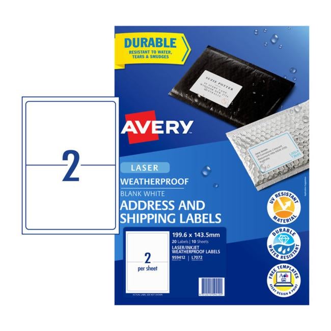 Avery Weatherproof Label L7072 199.6×143.5mm 2up 10 Sheets-Officecentre