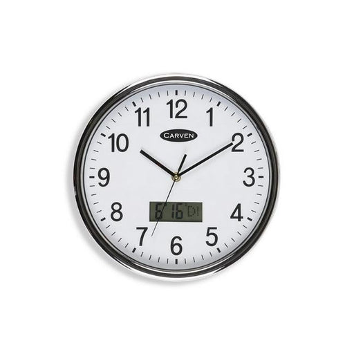 Carven clock 285mm silver rim with lcd date-Officecentre