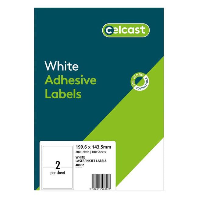 Celcast Labels A4 199.6x143.5mm 2up 100 Sheets-Officecentre