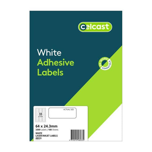 Celcast Labels A4 64x24.3mm 33up 100 Sheets-Officecentre