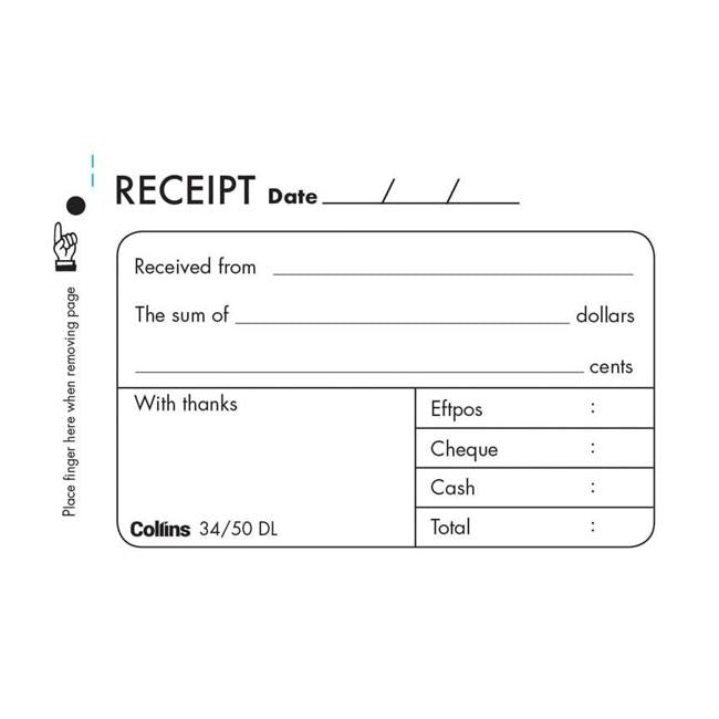 Collins Cash Receipt 34/50dl Duplicate Carbon Required-Officecentre