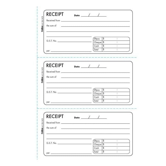 Collins Cash Receipt A5 3dl Duplicate No Carbon Required-Officecentre