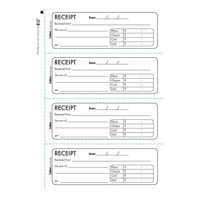 Collins Cash Receipt A5 4dl 100 Leaf Duplicate No Carbon Required-Officecentre
