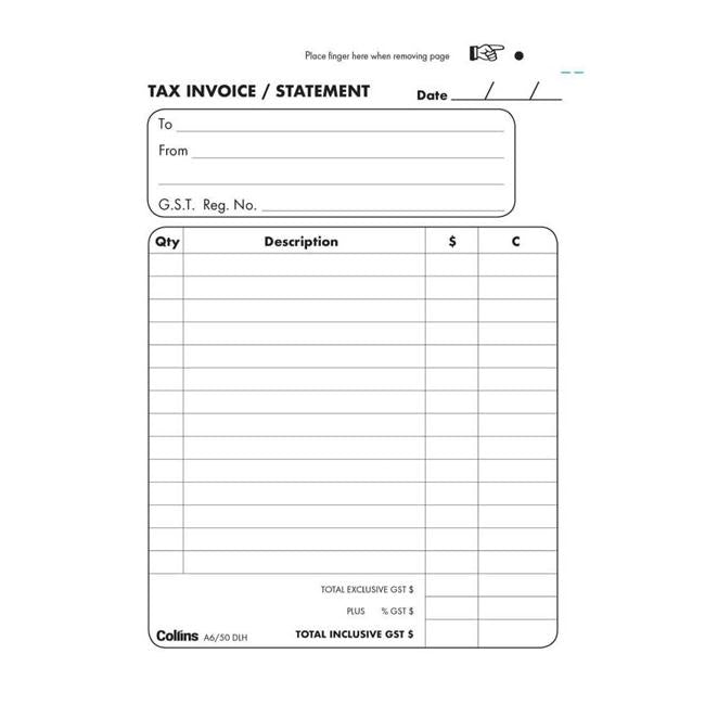 Collins Tax Invoice A6/50dlh Duplicate No Carbon Required-Officecentre