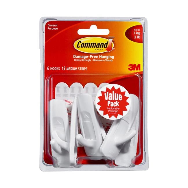 Command Hook 17001-6 Medium White Value Pack of 6-Officecentre