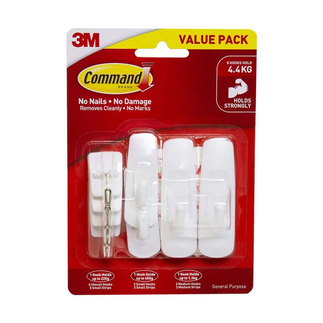 Command Hook 17012-8 Assorted White, Value Pack of 8-Officecentre