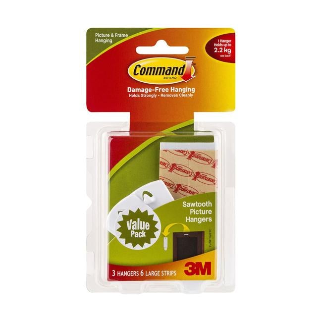 Command Picture Hanger 17042 Large White Sawtooth Pk/3-Officecentre