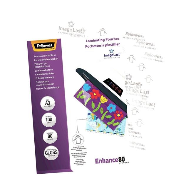 Fellowes Laminating Pouches A3 Gloss 80 Micron Pack 100-Officecentre
