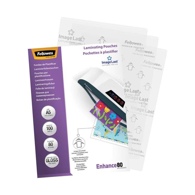 Fellowes Laminating Pouches A5 Gloss 80 Micron Pack 100-Officecentre