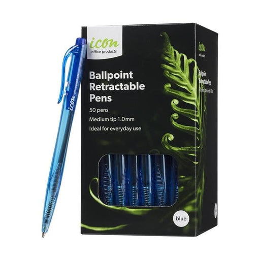 Icon Ballpoint Retractable Pens Medium Blue Pack 50-Officecentre