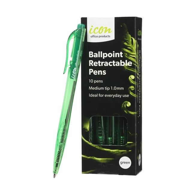 Icon Ballpoint Retractable Pens Medium Green Pack 10-Officecentre