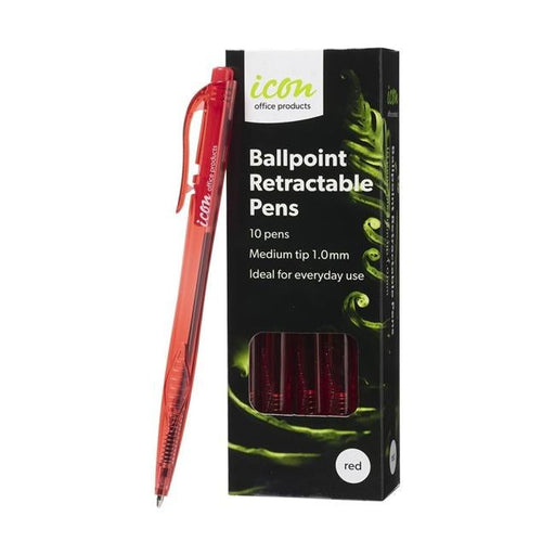 Icon Ballpoint Retractable Pens Medium Red Pack 10-Officecentre
