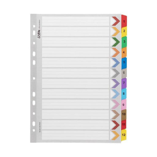 Icon Cardboard Indices with Reinforced Tabs 1-12 Coloured-Officecentre