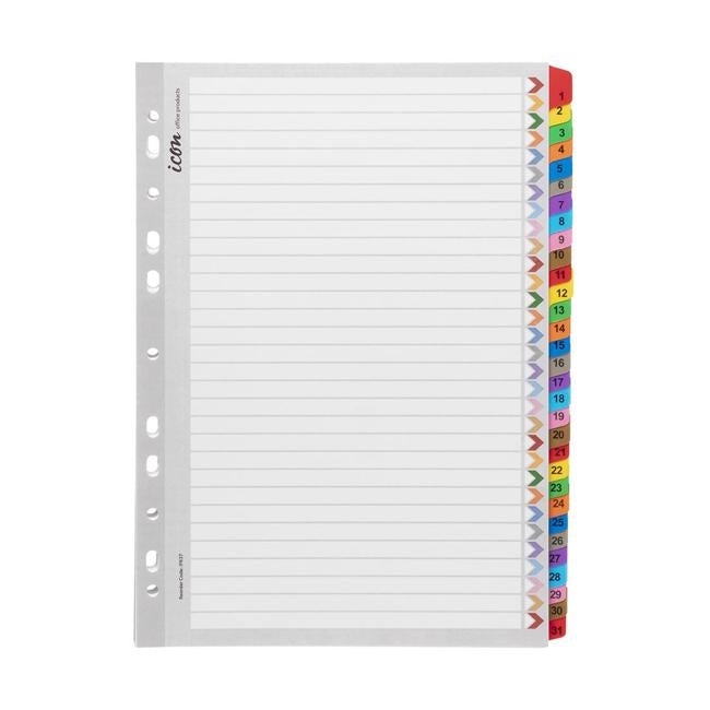 Icon Cardboard Indices with Reinforced Tabs 1-31 Coloured-Officecentre
