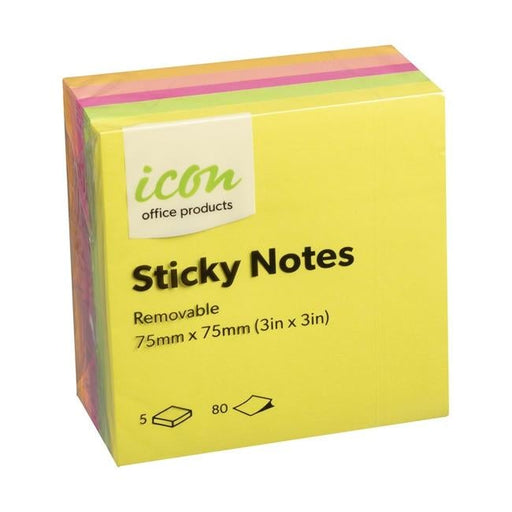Icon Sticky Notes 75mm x 75mm Neon 5 Pack-Officecentre