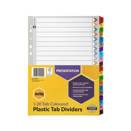 Marbig indices & dividers 1-20 tab reinforced a4 colour-Officecentre