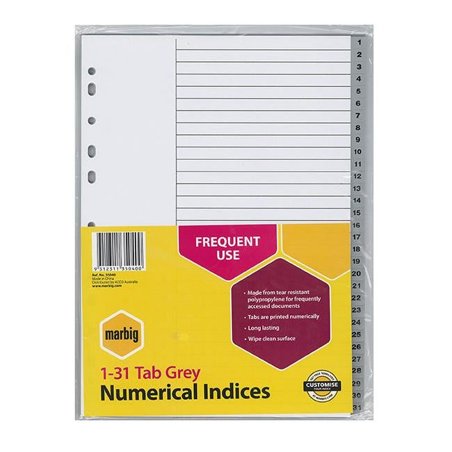 Marbig indices & dividers 1-31 tab pp a4 grey-Officecentre