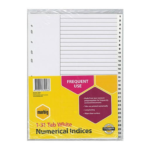Marbig indices & dividers 1-31 tab pp a4 white-Officecentre