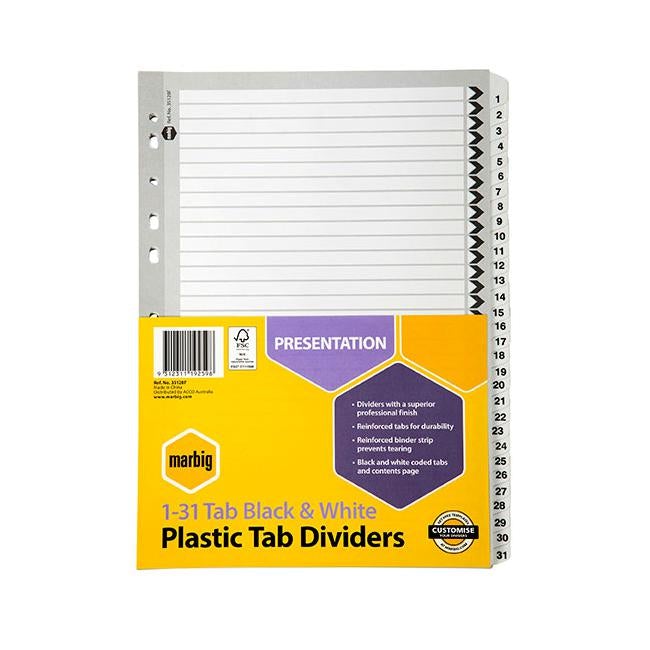 Marbig indices & dividers 1-31 tab reinforced a4 black-Officecentre