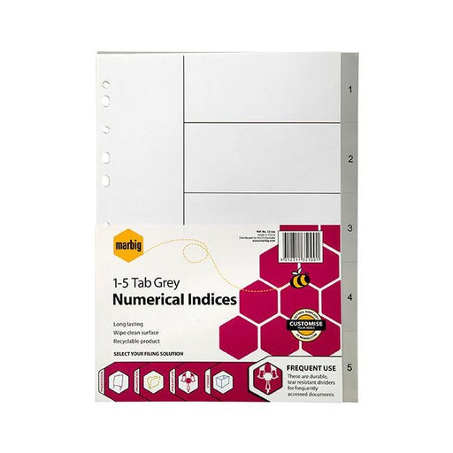 Marbig indices & dividers 1-5 tab pp a4 grey-Officecentre