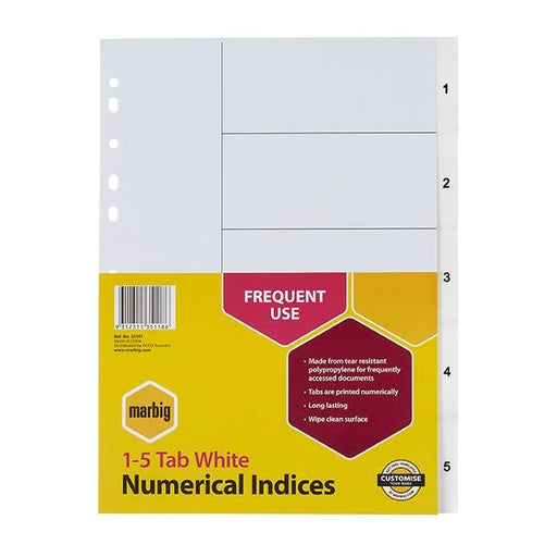 Marbig indices & dividers 1-5 tab pp a4 white-Officecentre