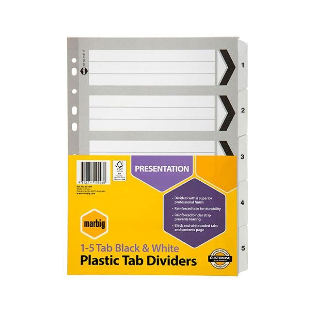 Marbig indices & dividers 1-5 tab reinforced a4 black-Officecentre