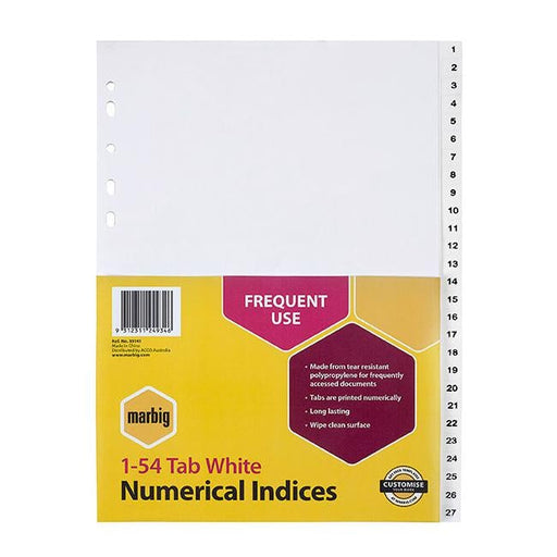 Marbig indices & dividers 1-54 tab pp a4 white-Officecentre