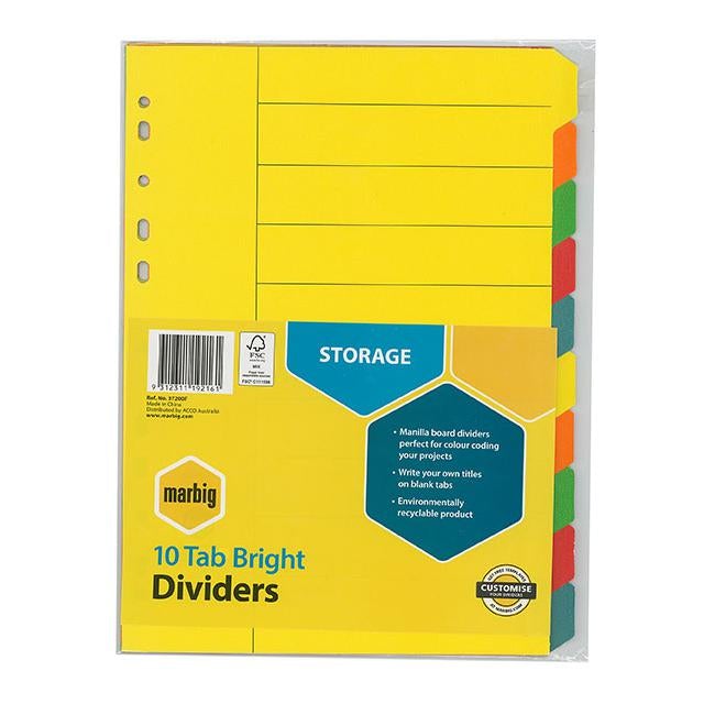 Marbig indices & dividers 10 tab manilla a4 brights-Officecentre