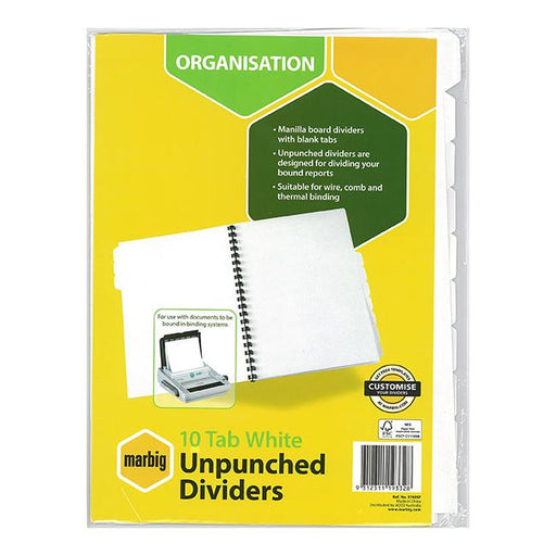 Marbig indices & dividers 10 tab manilla a4 unpunched-Officecentre