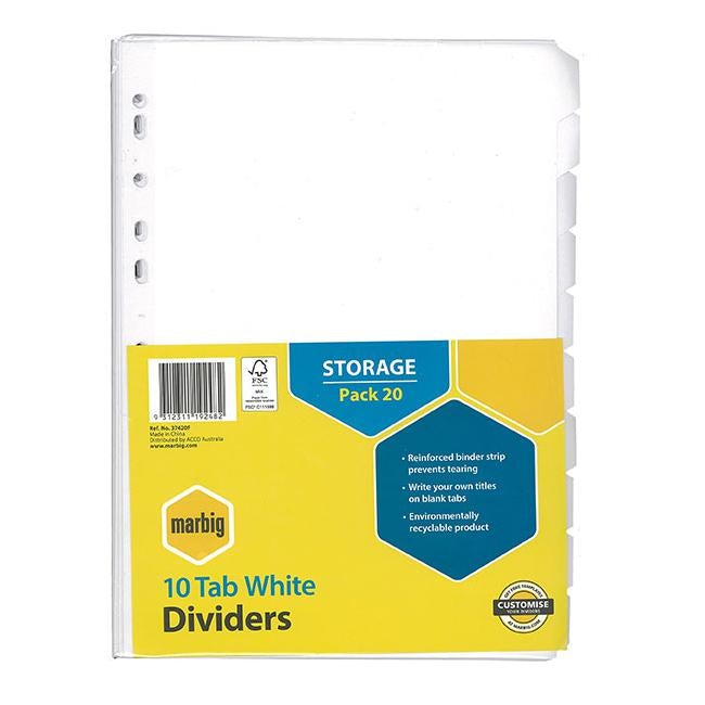 Marbig indices & dividers 10 tab manilla a4 white bulk-Officecentre