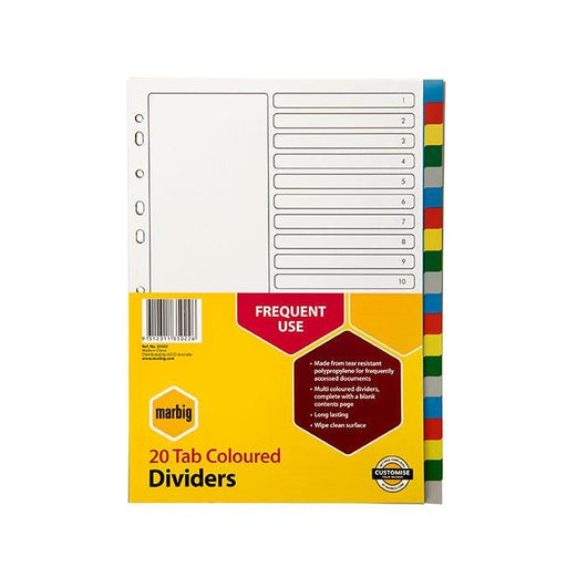 Marbig indices & dividers 20 tab pp a4 multi colour-Officecentre