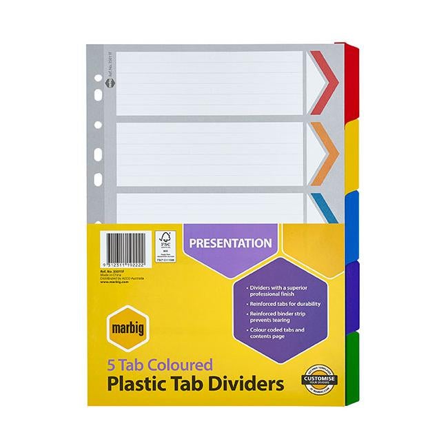 Marbig indices & dividers 5 tab reinforced a4 colour-Officecentre