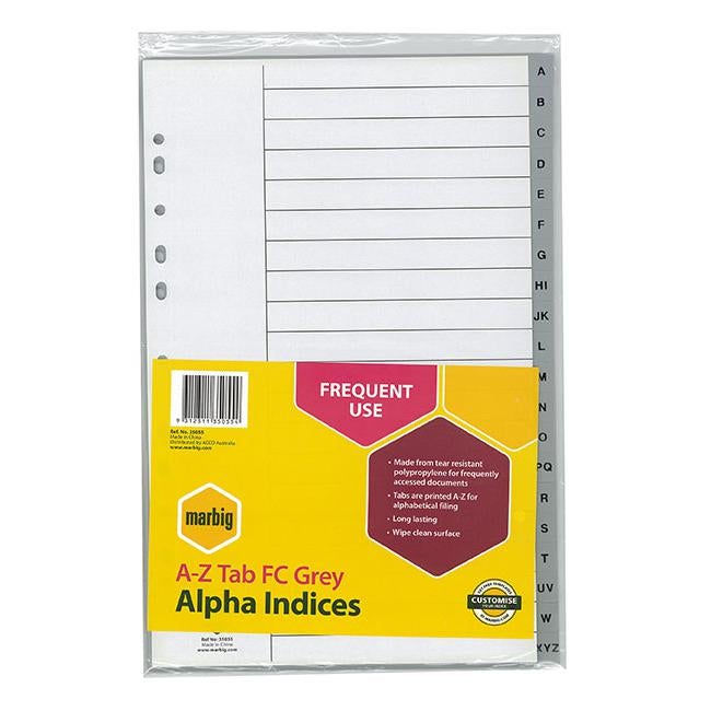 Marbig indices & dividers a-z tab pp foolscap grey-Officecentre