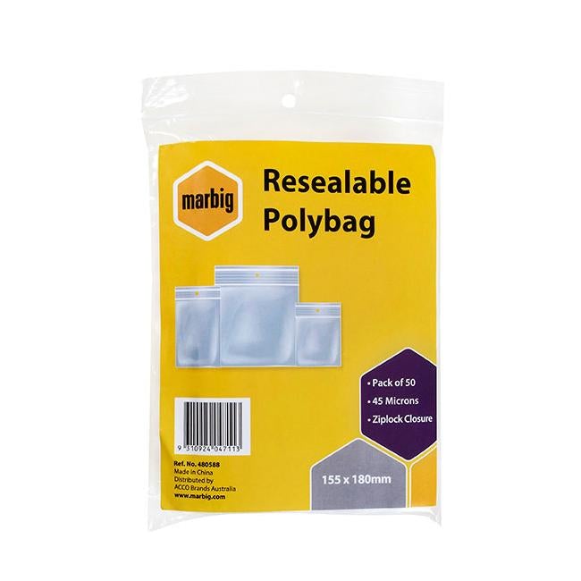 Marbig resealable polybags 155mmx180mm pk50-Officecentre