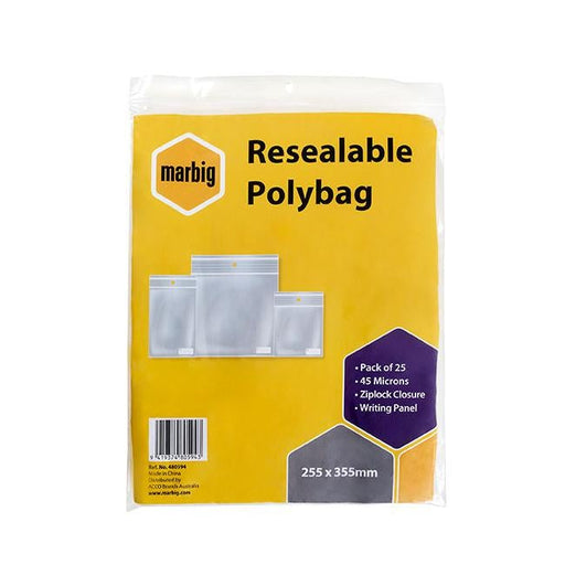 Marbig resealable polybags 255mmx355mm writing panel pk25-Officecentre
