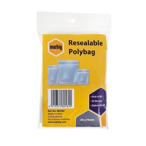 Marbig resealable polybags 65mmx75mm pk50-Officecentre