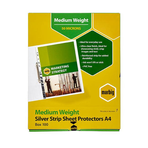 Marbig sheet protectors medium weight a4 silver strip 100bx-Officecentre