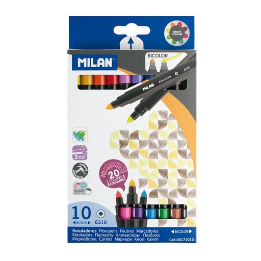 Milan Markers Bicolour Double Ended Tip Pens 10 Pack 20 Assorted Colours-Officecentre