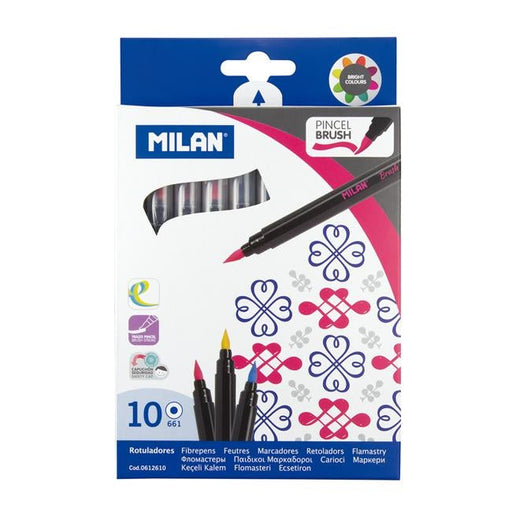 Milan Markers Waterbased Brush Tip Pens 10 Pack Assorted Colours-Officecentre